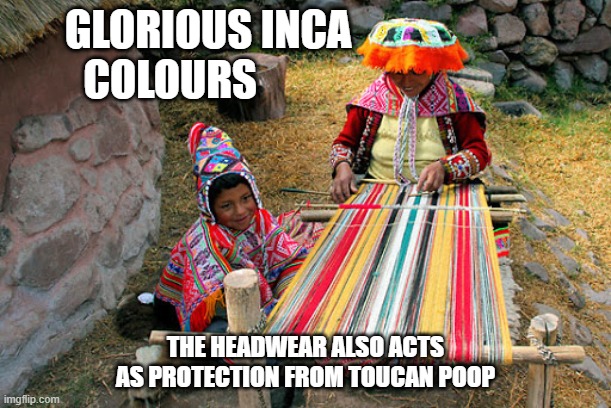 glorious inca colour | GLORIOUS INCA                       
       COLOURS; THE HEADWEAR ALSO ACTS AS PROTECTION FROM TOUCAN POOP | image tagged in incas,colour | made w/ Imgflip meme maker