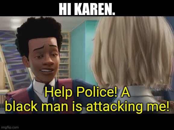 "Hey" | HI KAREN. Help Police! A black man is attacking me! | image tagged in hey | made w/ Imgflip meme maker