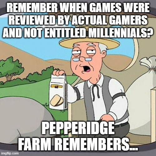 Pepperidge Farm Remembers Meme | REMEMBER WHEN GAMES WERE REVIEWED BY ACTUAL GAMERS AND NOT ENTITLED MILLENNIALS? PEPPERIDGE FARM REMEMBERS... | image tagged in memes,pepperidge farm remembers | made w/ Imgflip meme maker