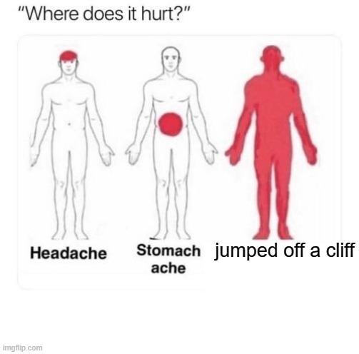 o o f | jumped off a cliff | image tagged in where does it hurt | made w/ Imgflip meme maker