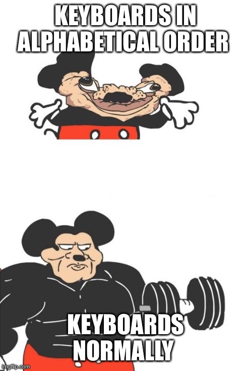 Buff Mickey Mouse | KEYBOARDS IN ALPHABETICAL ORDER; KEYBOARDS NORMALLY | image tagged in buff mickey mouse | made w/ Imgflip meme maker