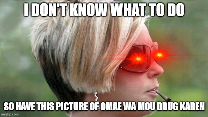 karen why | I DON'T KNOW WHAT TO DO; SO HAVE THIS PICTURE OF OMAE WA MOU DRUG KAREN | image tagged in karen | made w/ Imgflip meme maker