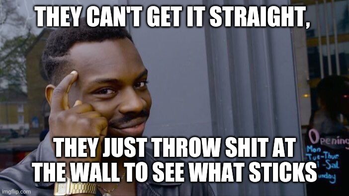 Roll Safe Think About It Meme | THEY CAN'T GET IT STRAIGHT, THEY JUST THROW SHIT AT THE WALL TO SEE WHAT STICKS | image tagged in memes,roll safe think about it | made w/ Imgflip meme maker