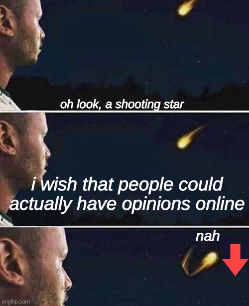 shooting star | oh look, a shooting star; i wish that people could actually have opinions online; nah | image tagged in shooting star | made w/ Imgflip meme maker
