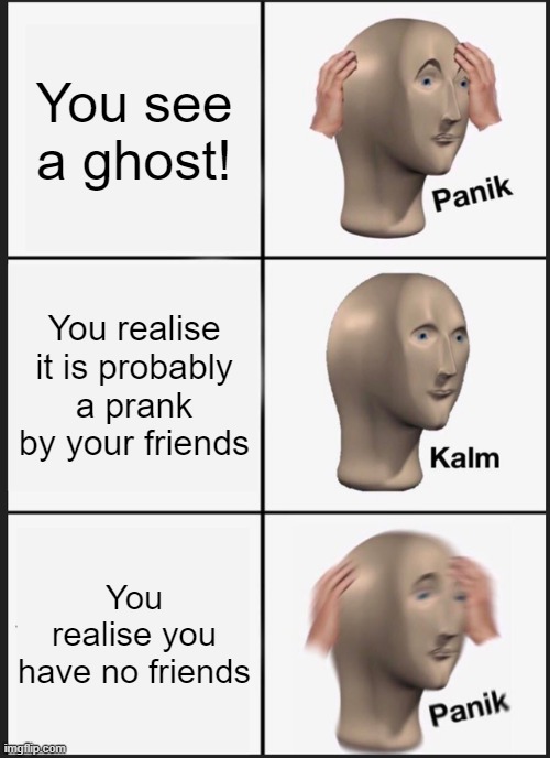 Happened to me once... Ugh | You see a ghost! You realise it is probably a prank by your friends; You realise you have no friends | image tagged in memes,panik kalm panik | made w/ Imgflip meme maker