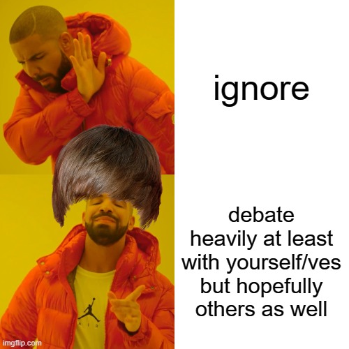 Drake Hotline Bling Meme | ignore debate heavily at least with yourself/ves but hopefully others as well | image tagged in memes,drake hotline bling | made w/ Imgflip meme maker