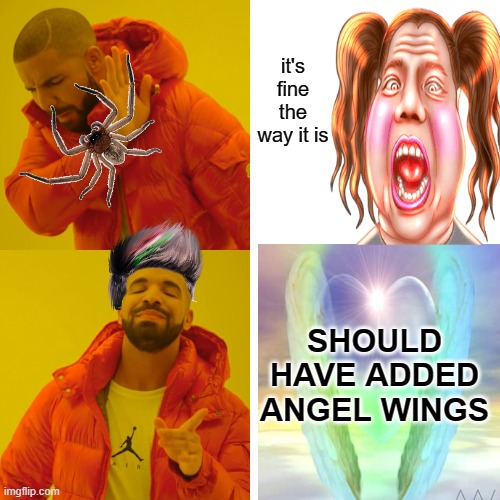 Drake Hotline Bling Meme | it's fine the way it is SHOULD HAVE ADDED ANGEL WINGS | image tagged in memes,drake hotline bling | made w/ Imgflip meme maker