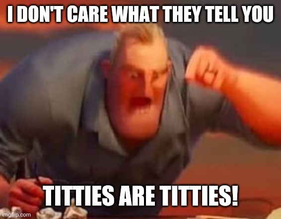 Tiddies are tiddies | I DON'T CARE WHAT THEY TELL YOU; TITTIES ARE TITTIES! | image tagged in mr incredible mad,boobs,titties | made w/ Imgflip meme maker