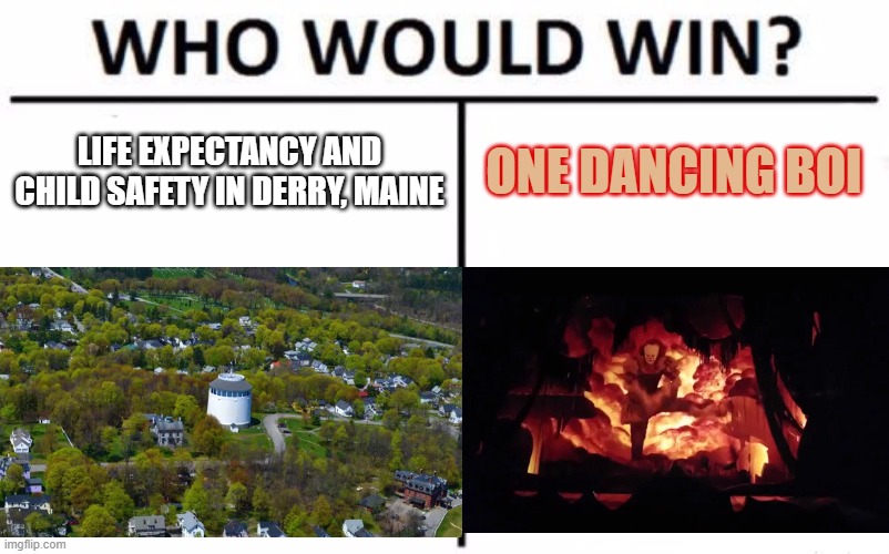 I made another who would win template because I'm bored... | LIFE EXPECTANCY AND CHILD SAFETY IN DERRY, MAINE; ONE DANCING BOI | image tagged in memes,who would win,derry,pennywise the dancing clown | made w/ Imgflip meme maker