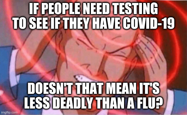 Covi-19 & flu comparison | IF PEOPLE NEED TESTING TO SEE IF THEY HAVE COVID-19; DOESN'T THAT MEAN IT'S LESS DEADLY THAN A FLU? | image tagged in thinking bald guy | made w/ Imgflip meme maker