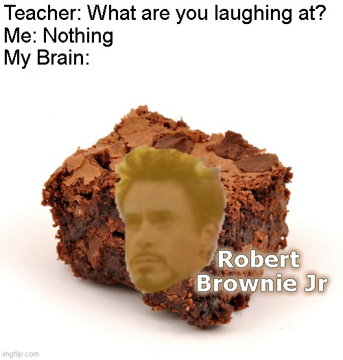Robert Brownie Jr. | Teacher: What are you laughing at?
Me: Nothing
My Brain:; Robert 
Brownie Jr; Robert 
Brownie Jr | image tagged in memes,puns,brownies,robert downey jr | made w/ Imgflip meme maker