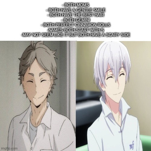 I just realized this... | - BOTH MOMS

- BOTH HAVE A GENTLE SMILE

- BOTH HAVE THE BEST HAIR

- BOTH GEMINI

- BOTH PERFECT CINNAMON ROLLS

-NAMES BOTH START WITH S

-MAY NOT SEEM LIKE IT BUT BOTH HAVE A SCARY SIDE | image tagged in anime meme,anime,haikyuu,idolish7 | made w/ Imgflip meme maker