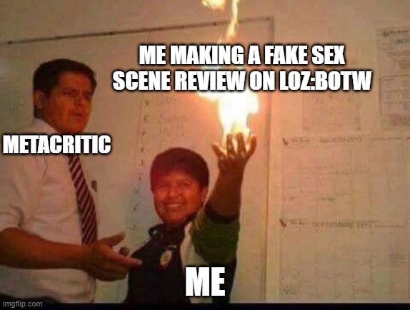 Actually happened | ME MAKING A FAKE SEX SCENE REVIEW ON LOZ:BOTW; METACRITIC; ME | image tagged in kid holding fire | made w/ Imgflip meme maker