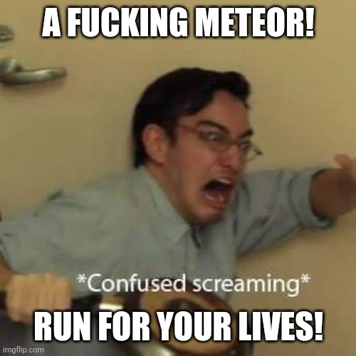 filthy frank confused scream | A FUCKING METEOR! RUN FOR YOUR LIVES! | image tagged in filthy frank confused scream | made w/ Imgflip meme maker