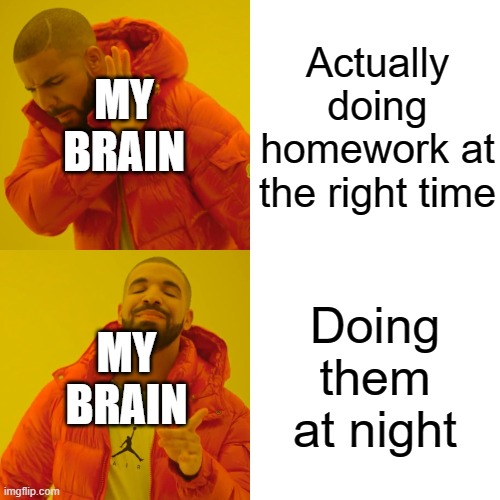 What if humans are prototypes made to beta-test Earth and 2020 is the release date? | MY BRAIN; Actually doing homework at the right time; Doing them at night; MY BRAIN | image tagged in memes,drake hotline bling | made w/ Imgflip meme maker