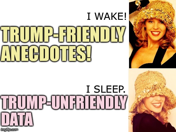 Man: it’s been awhile since I’ve used this template, but this guy earned it with his copypasta of a long pro-Trump story | TRUMP-FRIENDLY ANECDOTES! TRUMP-UNFRIENDLY DATA | image tagged in kylie i wake/i sleep,trump supporters,trump supporter,data,conservative logic,trump 2020 | made w/ Imgflip meme maker