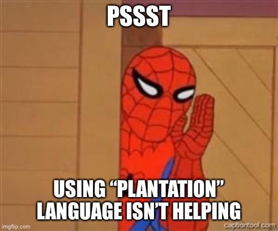 When they say black voters are “moving off the liberal plantation.” Lol! Keep trucking with that | PSSST; USING “PLANTATION” LANGUAGE ISN’T HELPING | image tagged in psst spiderman,racist,racism,passive aggressive racism,conservative logic,conservatives | made w/ Imgflip meme maker
