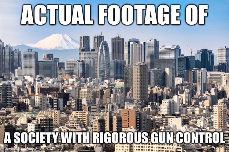 Daily reminder that Japan is an advanced first-world nation with rigorous gun control and close to zero gun deaths per year. | ACTUAL FOOTAGE OF; A SOCIETY WITH RIGOROUS GUN CONTROL | image tagged in tokyo skyline,gun control,gun rights,japanese,japan,meanwhile in japan | made w/ Imgflip meme maker