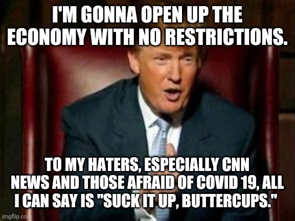Donald Trump |  I'M GONNA OPEN UP THE ECONOMY WITH NO RESTRICTIONS. TO MY HATERS, ESPECIALLY CNN NEWS AND THOSE AFRAID OF COVID 19, ALL I CAN SAY IS "SUCK IT UP, BUTTERCUPS." | image tagged in donald trump | made w/ Imgflip meme maker