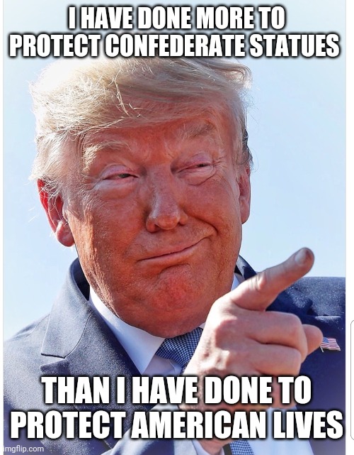 Trump pointing | I HAVE DONE MORE TO PROTECT CONFEDERATE STATUES; THAN I HAVE DONE TO PROTECT AMERICAN LIVES | image tagged in trump pointing | made w/ Imgflip meme maker