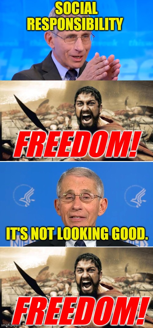 Why won't that smart, educated, experienced guy understand? | SOCIAL RESPONSIBILITY; FREEDOM! IT'S NOT LOOKING GOOD. FREEDOM! | image tagged in memes,sparta leonidas,dr fauci 2020,dr fauci | made w/ Imgflip meme maker