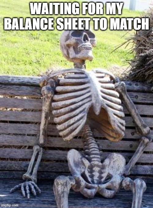 Waiting Skeleton Meme | WAITING FOR MY BALANCE SHEET TO MATCH | image tagged in memes,waiting skeleton | made w/ Imgflip meme maker