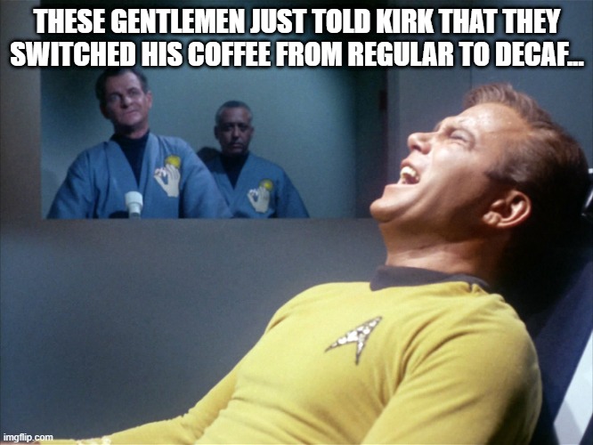 Oh the Agony | THESE GENTLEMEN JUST TOLD KIRK THAT THEY SWITCHED HIS COFFEE FROM REGULAR TO DECAF... | image tagged in captain kirk star trek agony | made w/ Imgflip meme maker