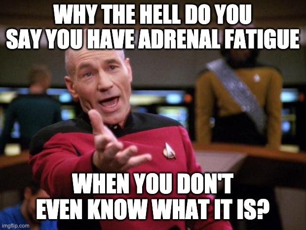 Adrenal Fatigue meme | WHY THE HELL DO YOU SAY YOU HAVE ADRENAL FATIGUE; WHEN YOU DON'T EVEN KNOW WHAT IT IS? | image tagged in patrick stewart why the hell,picard wtf | made w/ Imgflip meme maker
