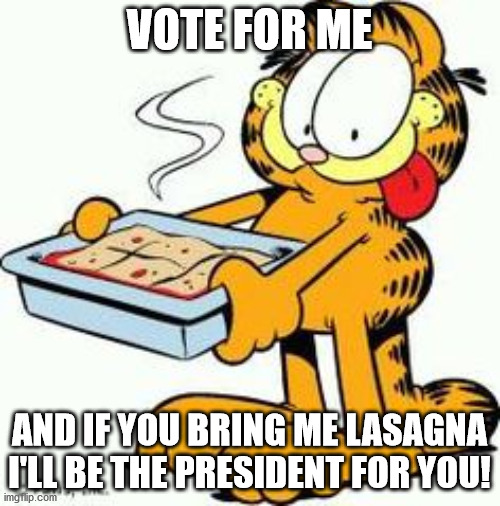 Garfield Lasagna | VOTE FOR ME AND IF YOU BRING ME LASAGNA I'LL BE THE PRESIDENT FOR YOU! | image tagged in garfield lasagna | made w/ Imgflip meme maker