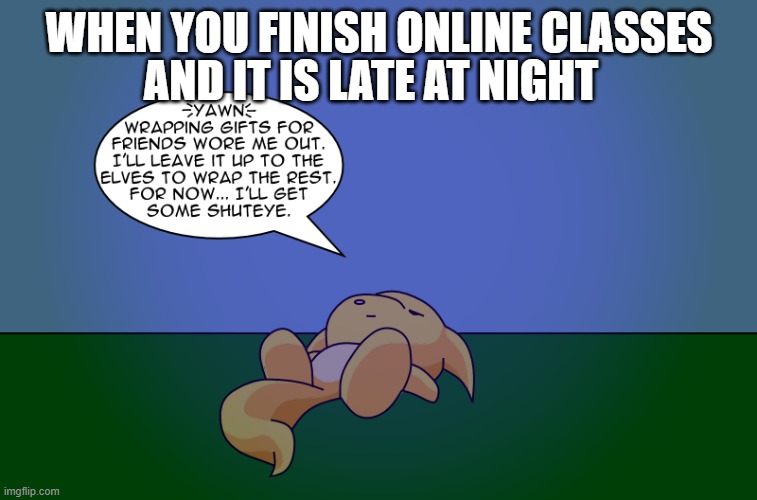 Online schpp; | AND IT IS LATE AT NIGHT; WHEN YOU FINISH ONLINE CLASSES | image tagged in memes | made w/ Imgflip meme maker