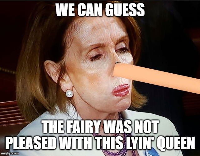 Political stuff lol | WE CAN GUESS; THE FAIRY WAS NOT PLEASED WITH THIS LYIN' QUEEN | image tagged in nancy pelosi,politics,memes,funny,pinnochio,fairy | made w/ Imgflip meme maker