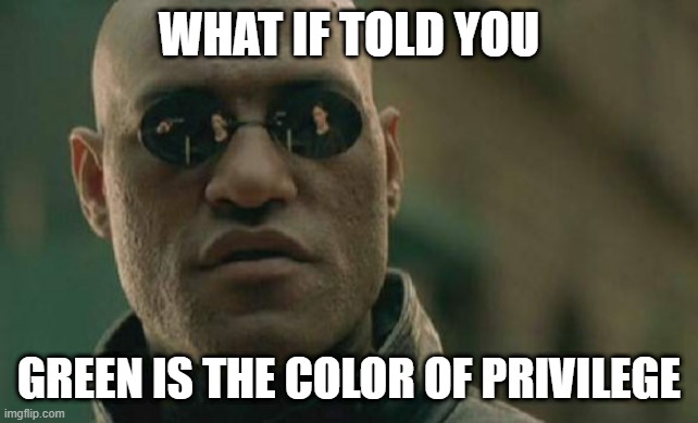 Matrix Morpheus | WHAT IF TOLD YOU; GREEN IS THE COLOR OF PRIVILEGE | image tagged in memes,matrix morpheus | made w/ Imgflip meme maker