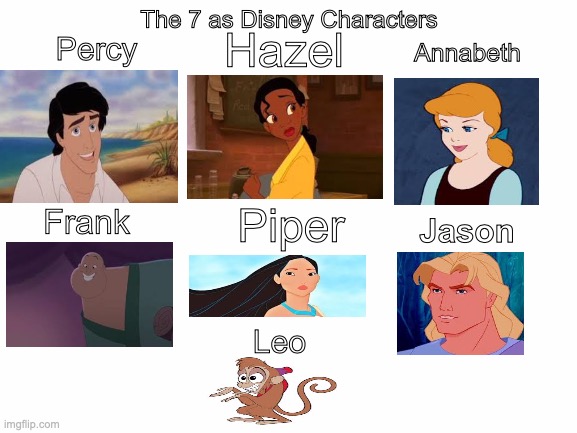 The 7 from Heroes of Olympus as Disney characters | The 7 as Disney Characters; Hazel; Annabeth; Percy; Piper; Frank; Jason; Leo | image tagged in blank white template,heroes of olympus,percy jackson | made w/ Imgflip meme maker