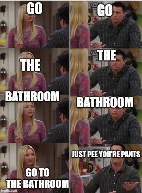 (╯°□°）╯︵ ┻━┻ | GO; GO; THE; THE; BATHROOM; BATHROOM; GO TO THE BATHROOM; JUST PEE YOU'RE PANTS | image tagged in friends joey teached french | made w/ Imgflip meme maker