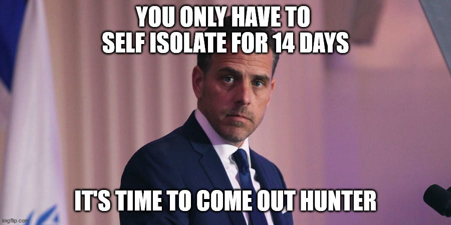 hunter biden | YOU ONLY HAVE TO 
SELF ISOLATE FOR 14 DAYS; IT'S TIME TO COME OUT HUNTER | image tagged in political meme | made w/ Imgflip meme maker