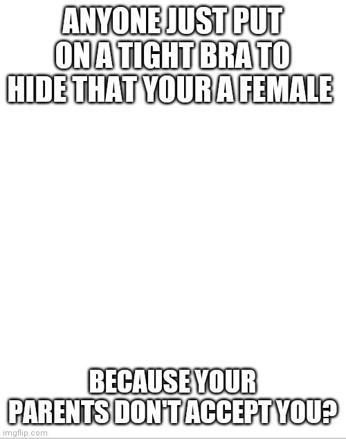 I'm non binary and I do this on days I feel like a male. | ANYONE JUST PUT ON A TIGHT BRA TO HIDE THAT YOUR A FEMALE; BECAUSE YOUR PARENTS DON'T ACCEPT YOU? | image tagged in blank white template,lgbtq | made w/ Imgflip meme maker