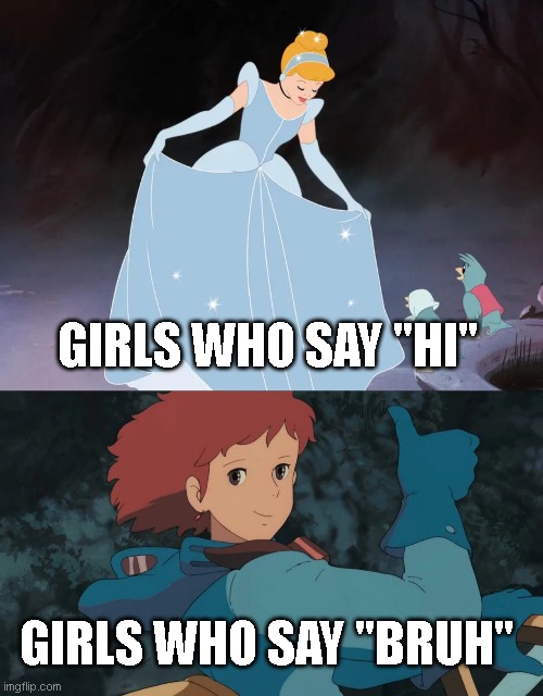 sorry, disney | GIRLS WHO SAY "HI"; GIRLS WHO SAY "BRUH" | image tagged in anime,studio ghibli | made w/ Imgflip meme maker
