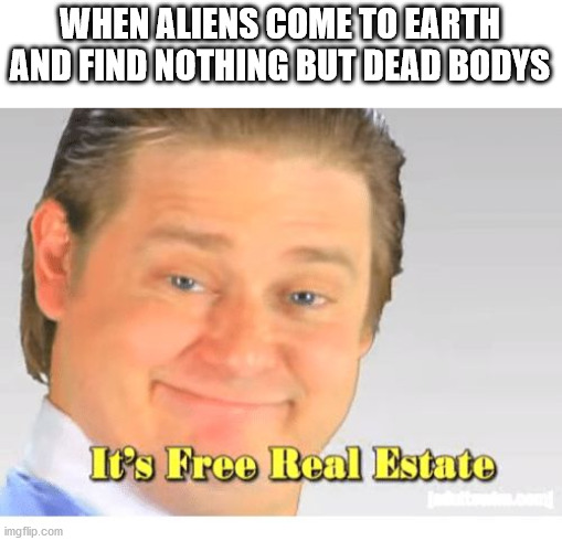 we know its gonna happen | WHEN ALIENS COME TO EARTH AND FIND NOTHING BUT DEAD BODYS | image tagged in it's free real estate | made w/ Imgflip meme maker