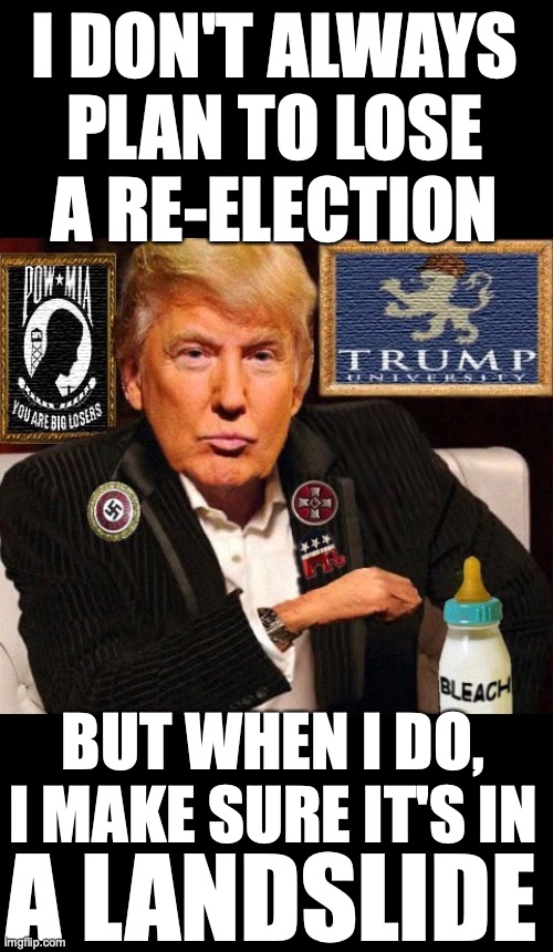 The world's most interesting loser | I DON'T ALWAYS
PLAN TO LOSE
A RE-ELECTION; BUT WHEN I DO, I MAKE SURE IT'S IN; A LANDSLIDE | image tagged in most interesting man,trump polls,trump losing meme,trump election 2020 meme,most interesting man trump | made w/ Imgflip meme maker