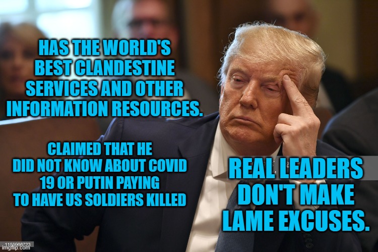 The Palliate President Pandemic | HAS THE WORLD'S BEST CLANDESTINE SERVICES AND OTHER INFORMATION RESOURCES. REAL LEADERS DON'T MAKE LAME EXCUSES. CLAIMED THAT HE DID NOT KNOW ABOUT COVID 19 OR PUTIN PAYING TO HAVE US SOLDIERS KILLED | image tagged in politics | made w/ Imgflip meme maker