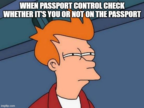 Futurama Fry | WHEN PASSPORT CONTROL CHECK WHETHER IT'S YOU OR NOT ON THE PASSPORT | image tagged in memes,futurama fry | made w/ Imgflip meme maker