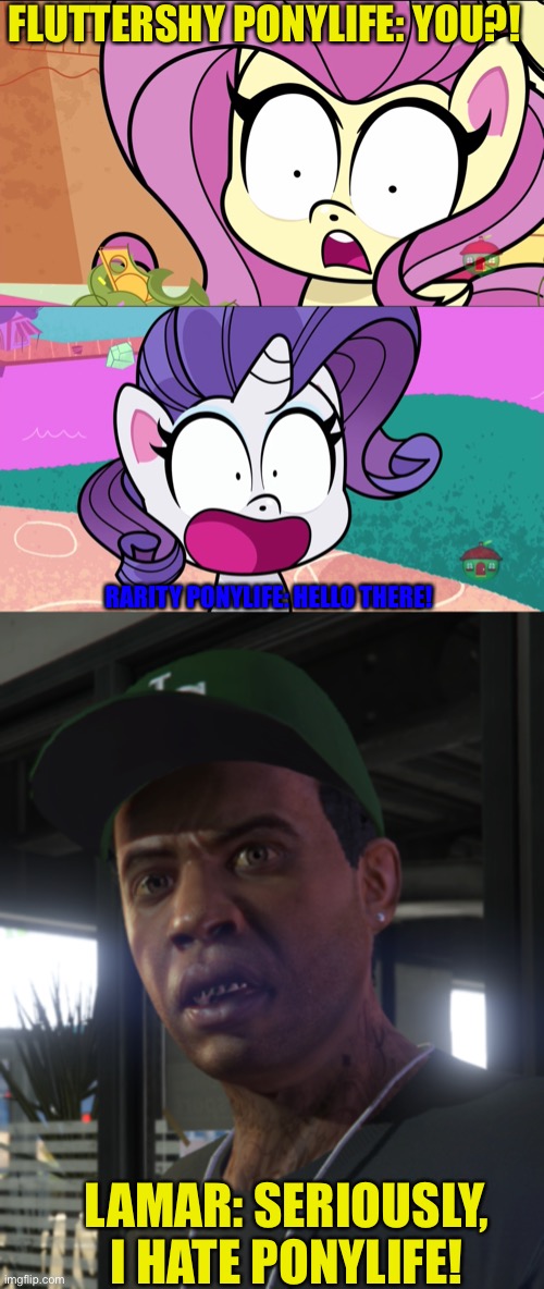 Lamar Reacts Rarity and Fluttershy turned into Ponylife | FLUTTERSHY PONYLIFE: YOU?! RARITY PONYLIFE: HELLO THERE! LAMAR: SERIOUSLY, I HATE PONYLIFE! | image tagged in gta lamar davis,rarity,fluttershy,mlp meme,memes,ponylife | made w/ Imgflip meme maker