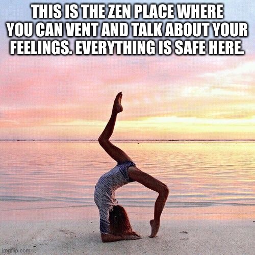 Pastel yoga | THIS IS THE ZEN PLACE WHERE YOU CAN VENT AND TALK ABOUT YOUR FEELINGS. EVERYTHING IS SAFE HERE. | image tagged in pastel yoga | made w/ Imgflip meme maker
