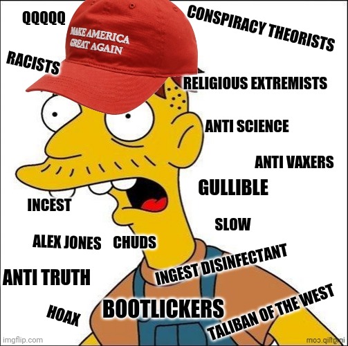 Maga | QQQQQ; CONSPIRACY THEORISTS; RACISTS; RELIGIOUS EXTREMISTS; ANTI SCIENCE; ANTI VAXERS; GULLIBLE; INCEST; SLOW; ALEX JONES; CHUDS; INGEST DISINFECTANT; ANTI TRUTH; BOOTLICKERS; TALIBAN OF THE WEST; HOAX | image tagged in some kind of maga moron,maga,donald trump,joe biden | made w/ Imgflip meme maker