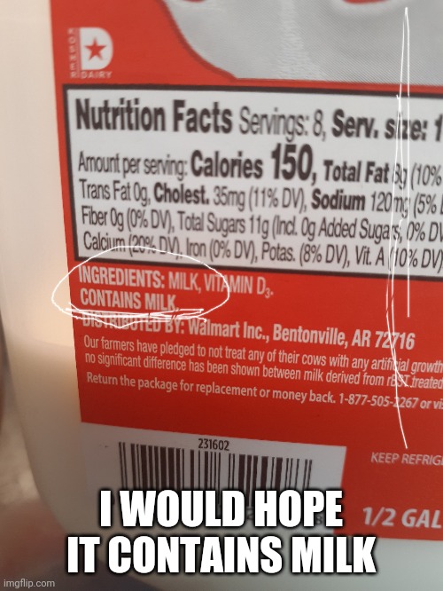 Milk | I WOULD HOPE IT CONTAINS MILK | image tagged in milk | made w/ Imgflip meme maker