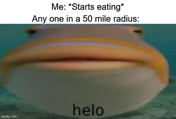 Happens ALL the time | Me: *Starts eating*; Any one in a 50 mile radius: | image tagged in helo,memes | made w/ Imgflip meme maker