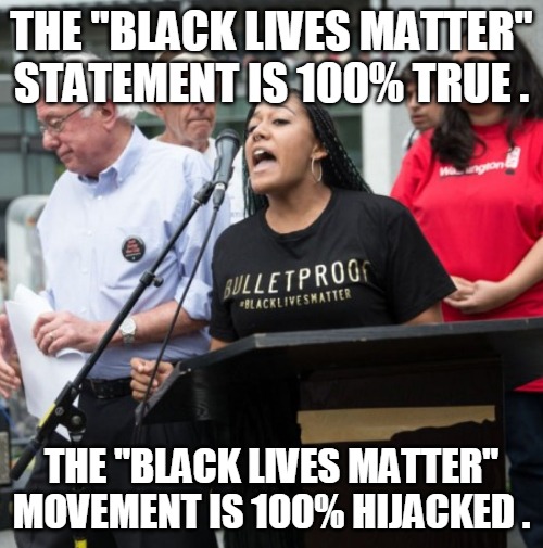 Black Lives Matter Movement | THE "BLACK LIVES MATTER" STATEMENT IS 100% TRUE . THE "BLACK LIVES MATTER" MOVEMENT IS 100% HIJACKED . | image tagged in black lives matter,statement,true,truth,movement,hijacked | made w/ Imgflip meme maker
