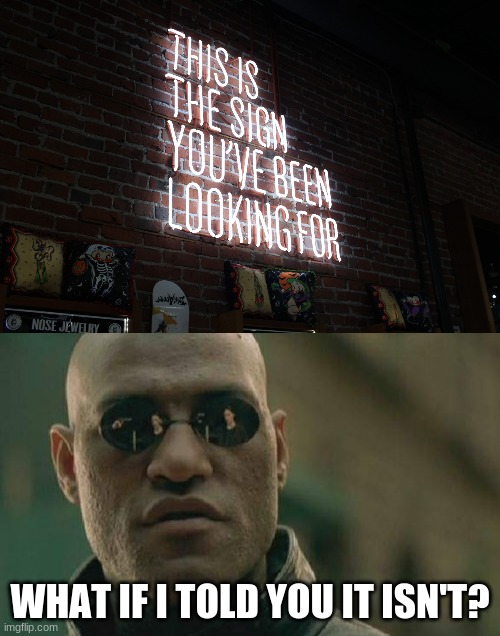 idk |  WHAT IF I TOLD YOU IT ISN'T? | image tagged in memes,matrix morpheus,this is the sign you've been looking for | made w/ Imgflip meme maker