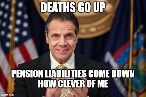 coumo corona | DEATHS GO UP; PENSION LIABILITIES COME DOWN
HOW CLEVER OF ME | image tagged in political meme | made w/ Imgflip meme maker