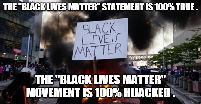 Black Lives Matter Movement | THE "BLACK LIVES MATTER" STATEMENT IS 100% TRUE . THE "BLACK LIVES MATTER" MOVEMENT IS 100% HIJACKED . | image tagged in black lives matter,true,truth,movement,hijacked | made w/ Imgflip meme maker